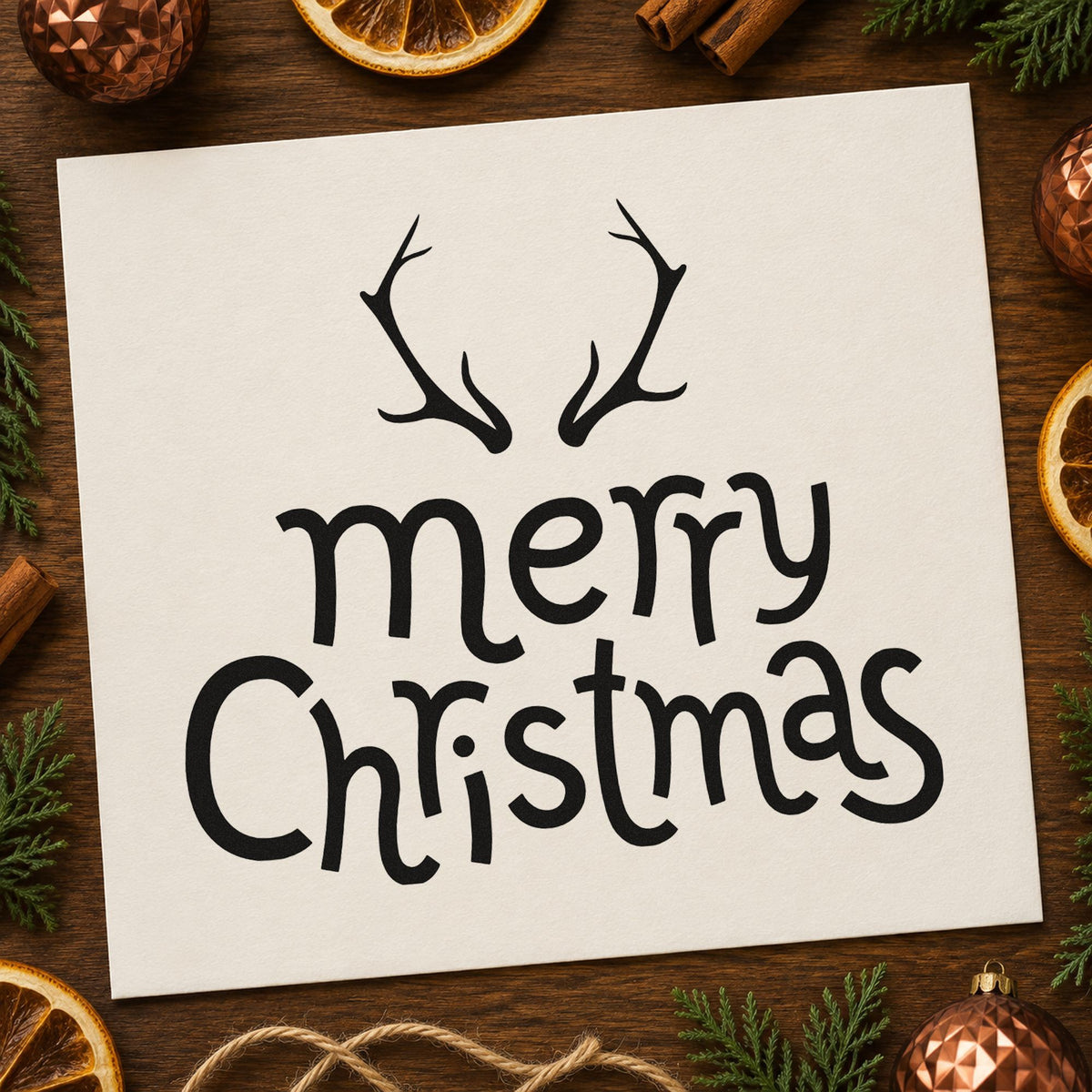 Merry Christmas Antlers rubber stamp printed in black ink, ready for antler crest cards and similar paper crafts.