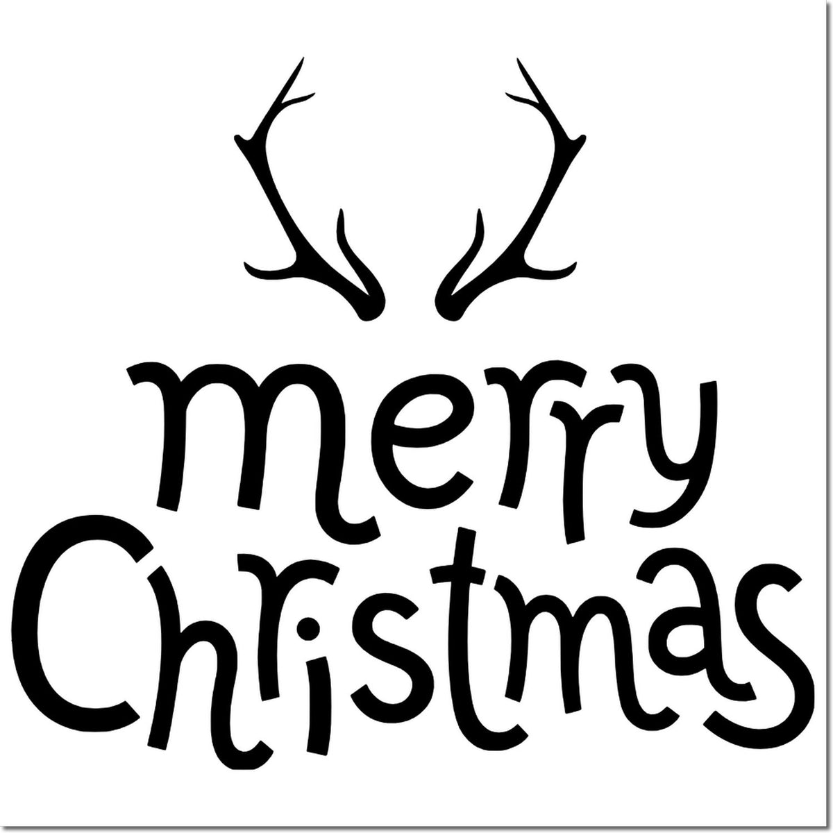 Black Merry Christmas stamp and seal design with deer antlers and bold decorative lettering on white background.