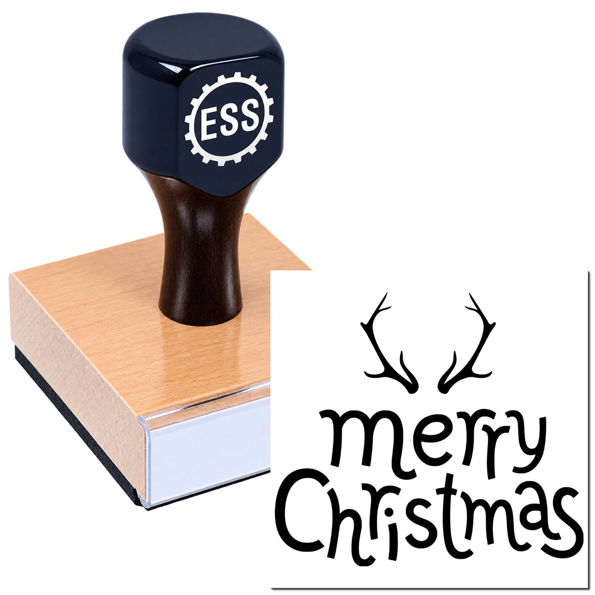 Dark blue self-inking stamp with ESS logo on a wooden base beside a black Merry Christmas antler seal design.