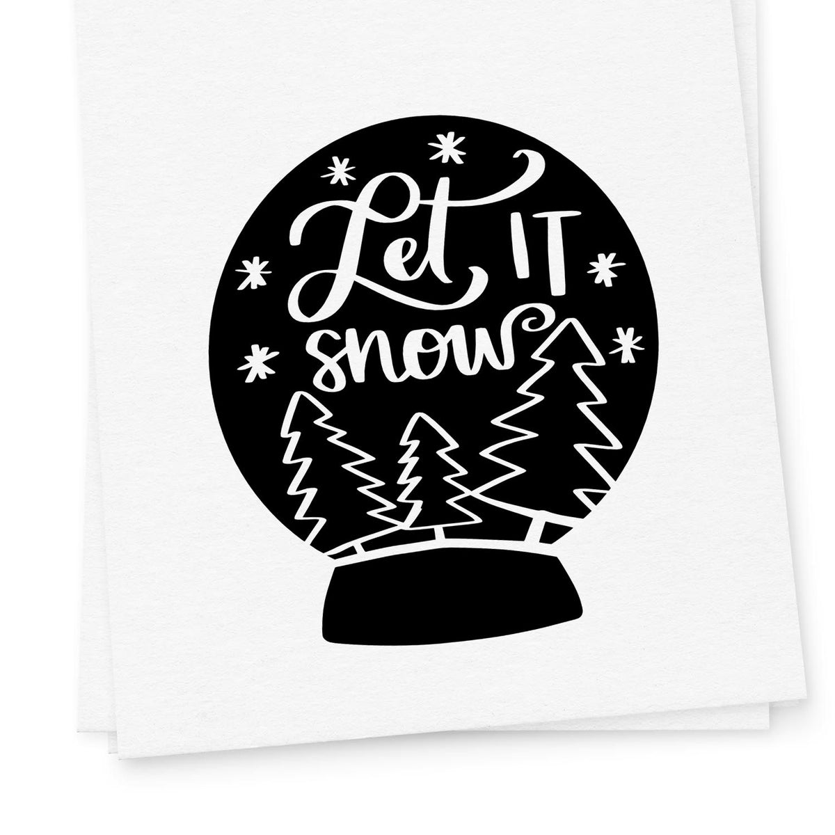 Black circular stamp seal with white Let it snow text, pine trees, and snowflakes on a white background.