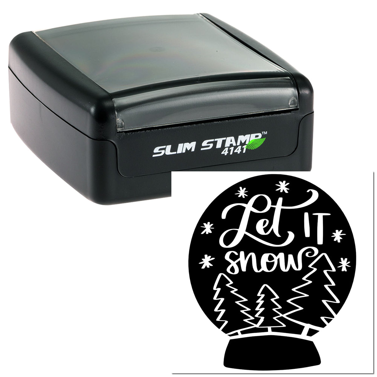 Black Slim Stamp 4141 self-inking stamp with round black-and-white Let it snow seal, snowflakes, and pine trees.
