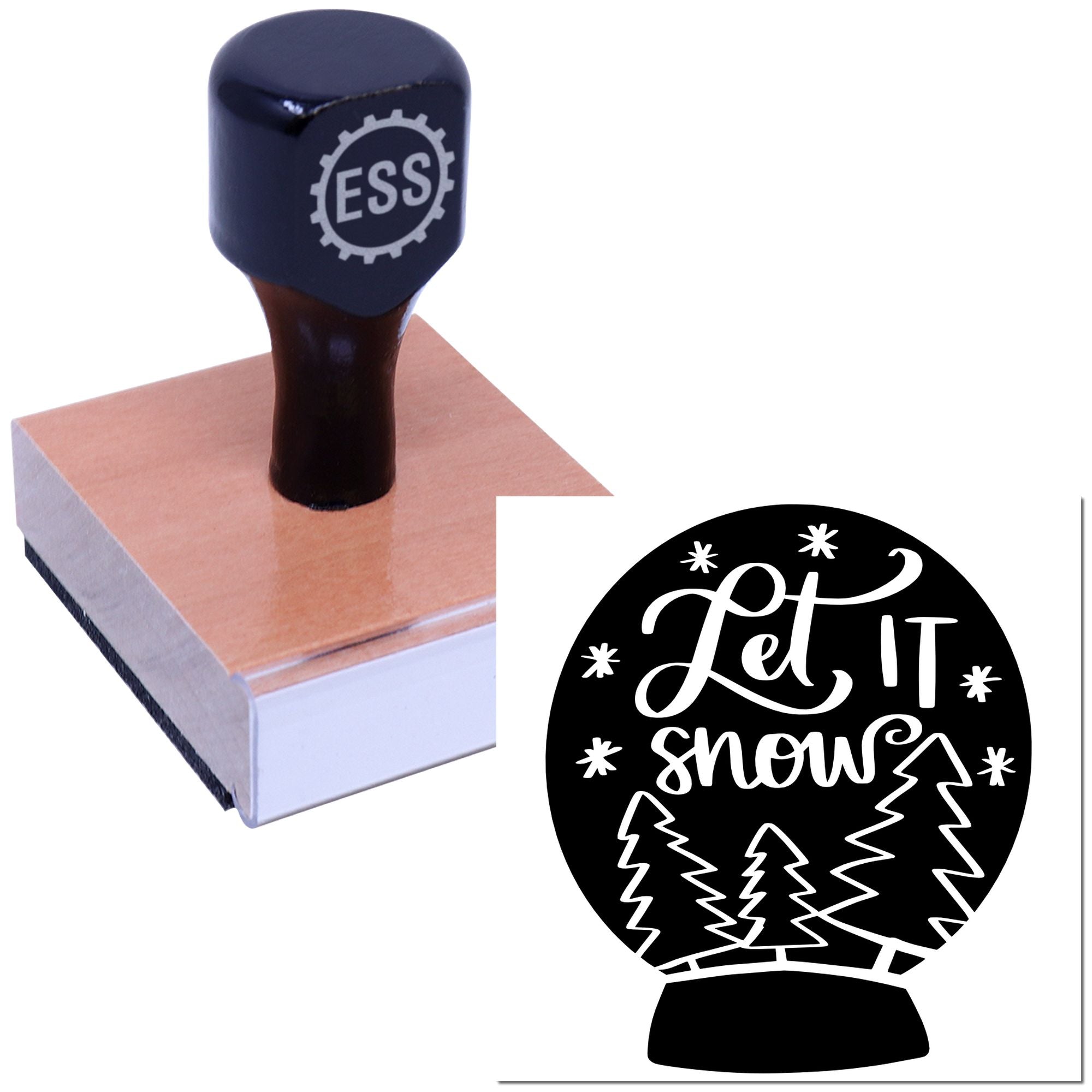 Dark blue ESS rubber stamp on a wood block beside a black-and-white Let it snow seal design.