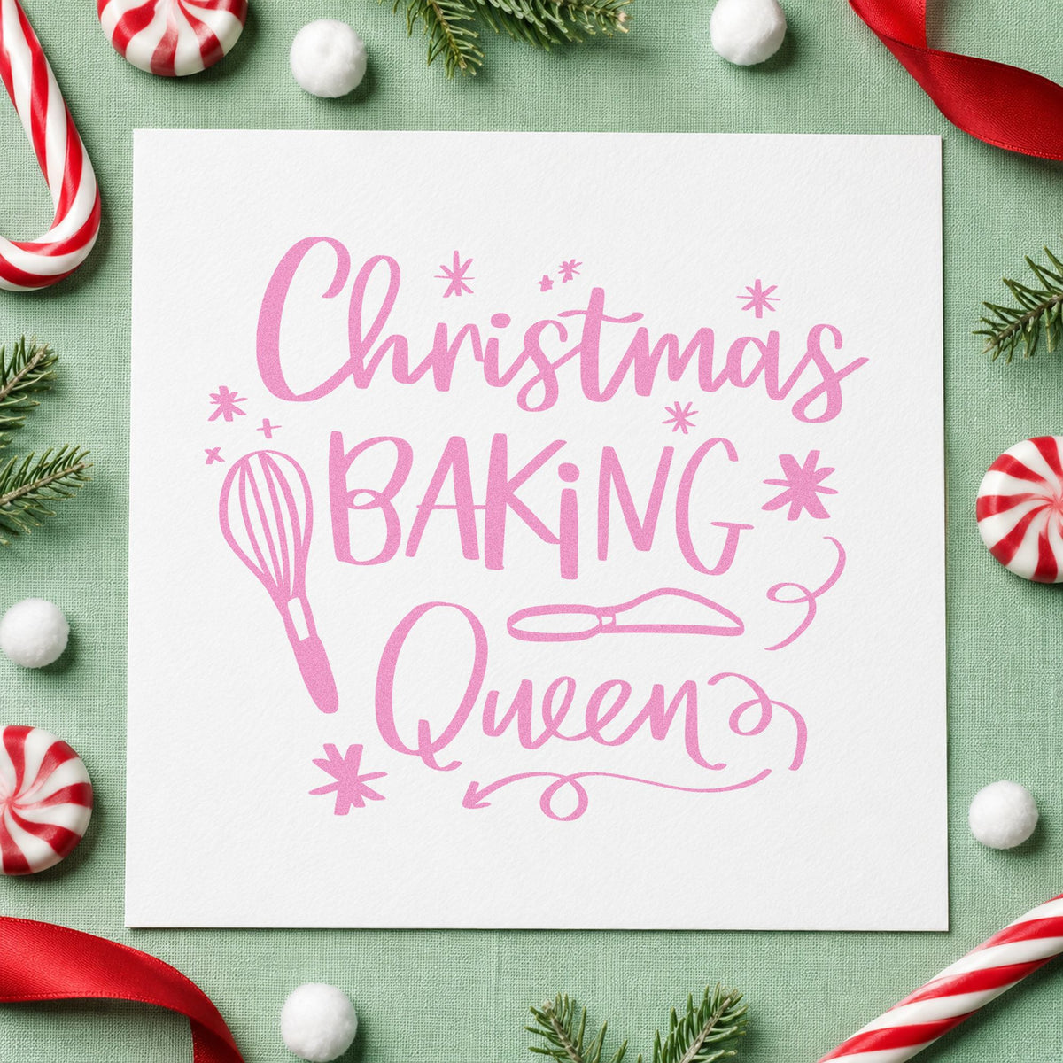 Christmas Baking Queen craft stamp in purple ink on cardstock, an easy option for recipe binder tabs.