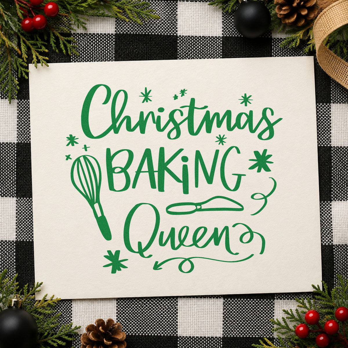 Christmas Baking Queen craft stamp imprint in green ink on a handmade project, one idea being cookie box tags.