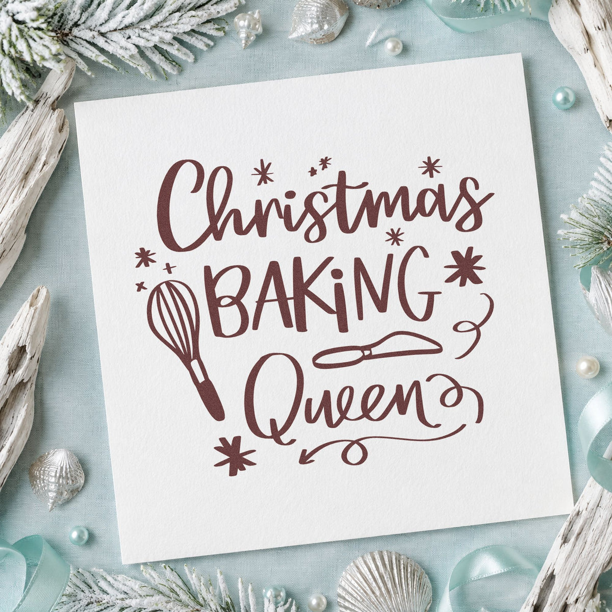 Christmas Baking Queen rubber stamp printed in brown ink, ready for fair price cards and similar paper crafts.