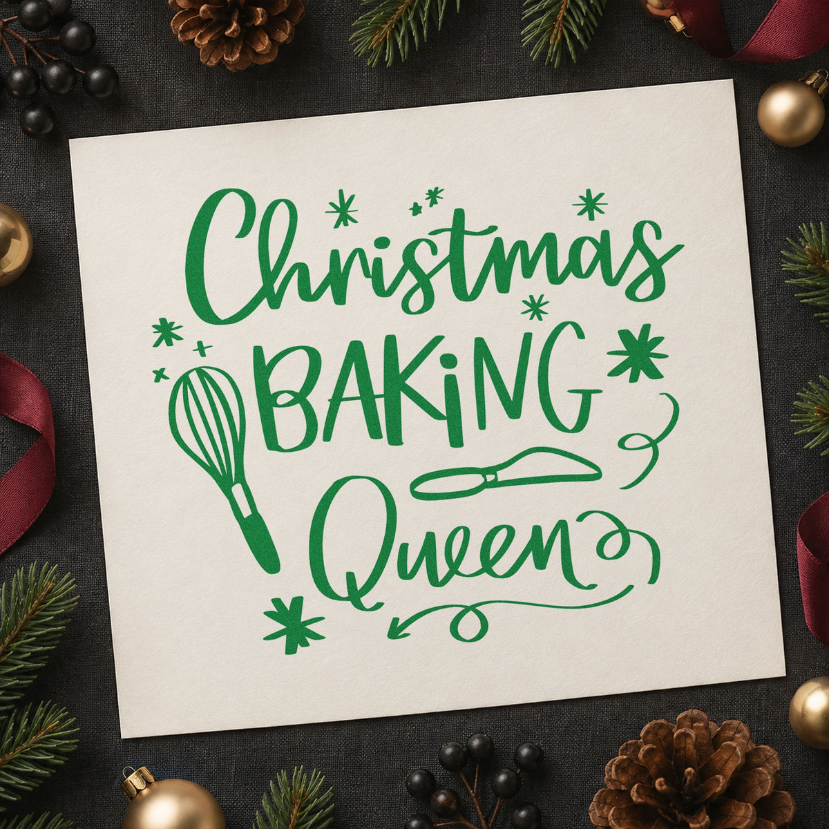 Christmas Baking Queen craft stamp imprinted in green ink on paper, a design suited to framed kitchen art.