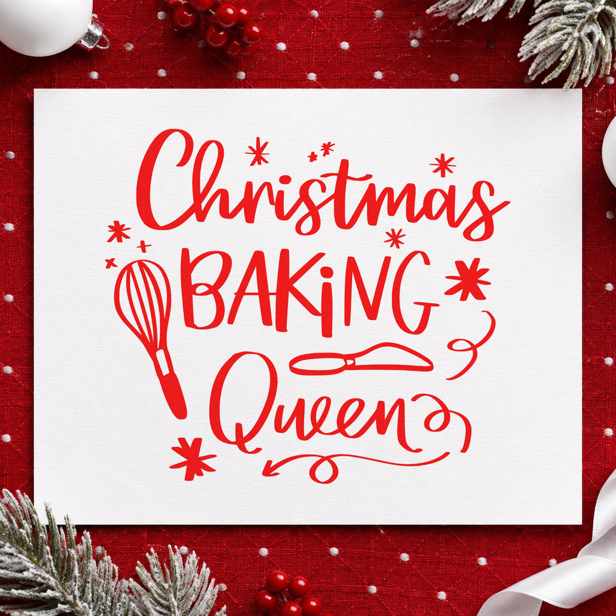Christmas Baking Queen rubber stamp shown in red ink, stamped for projects such as tin lid seals.