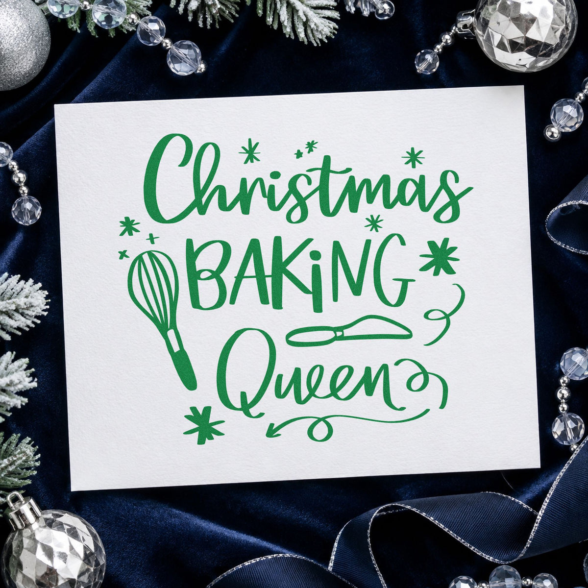 Christmas Baking Queen craft stamp imprint in green ink on a handmade project, one idea being decorating class kits.