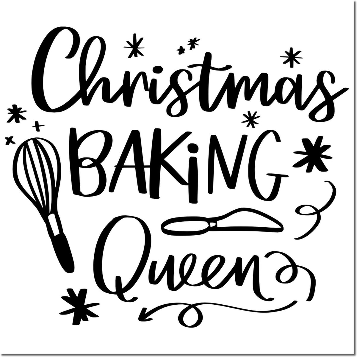 Black Christmas Baking Queen stamp/seal design with whisk, rolling pin, and star accents on white background.