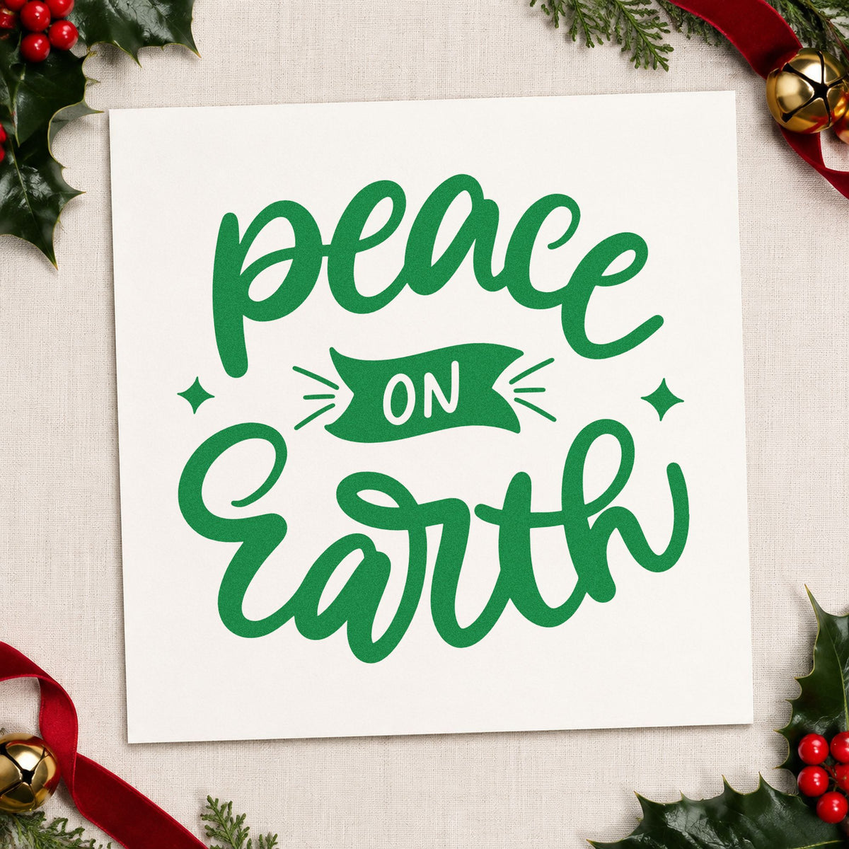 Peace On Earth Banner craft stamp imprinted in green ink on paper, a design suited to framed sanctuary art.