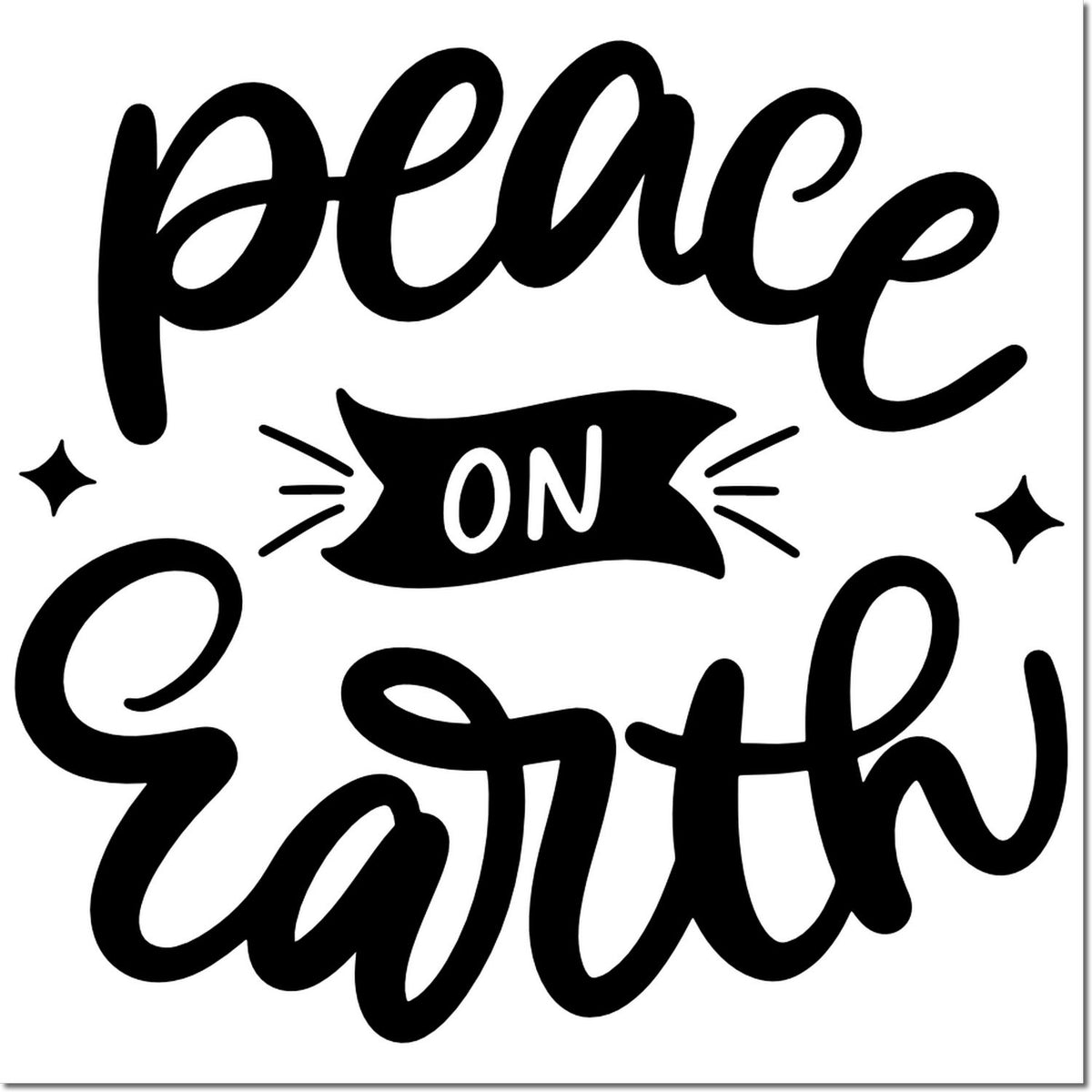 Black peace on earth decorative stamp seal with bold script and small sparkle accents on white