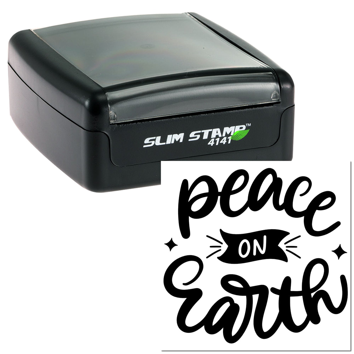 Black self-inking Slim Stamp 4141 with clear cap and peace on earth seal in bold script.