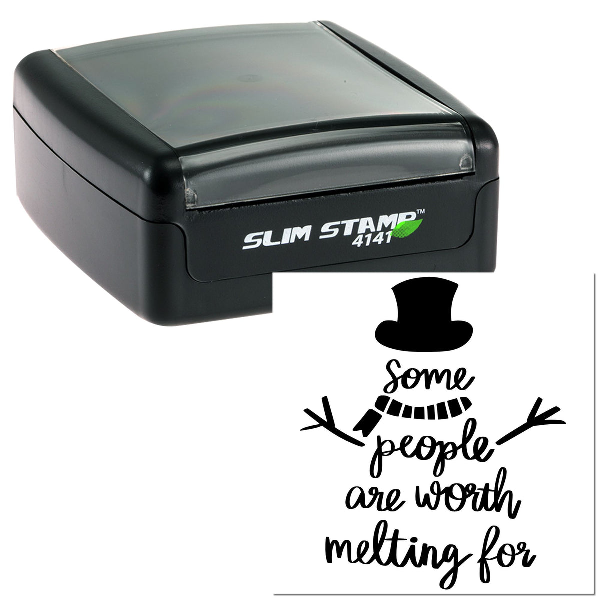 Black self-inking stamp and seal set, Slim Stamp 4141, with top hat design and quote on white background.
