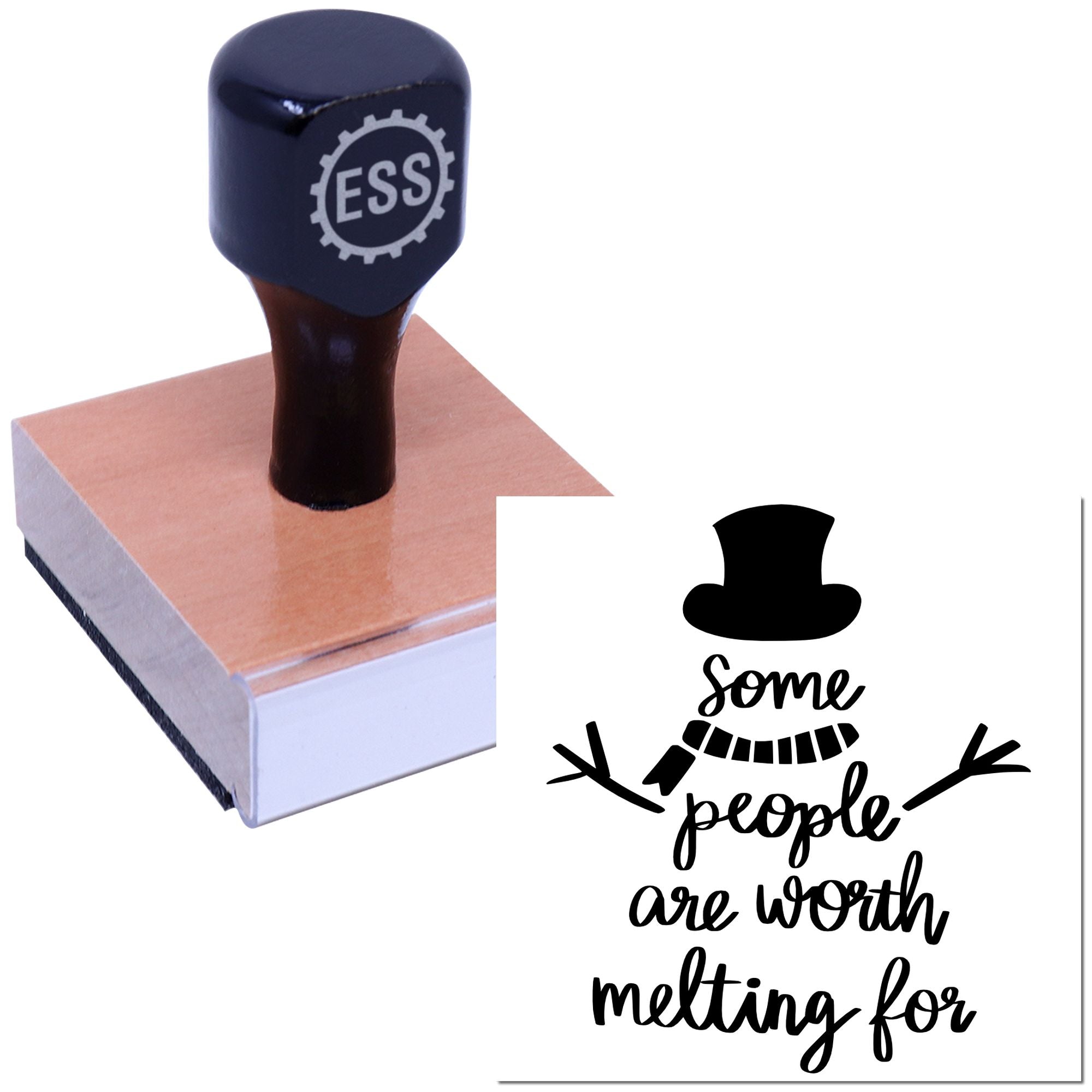 Dark blue rubber stamp on a pink seal pad, with a black some people are worth melting for design and top hat icon.