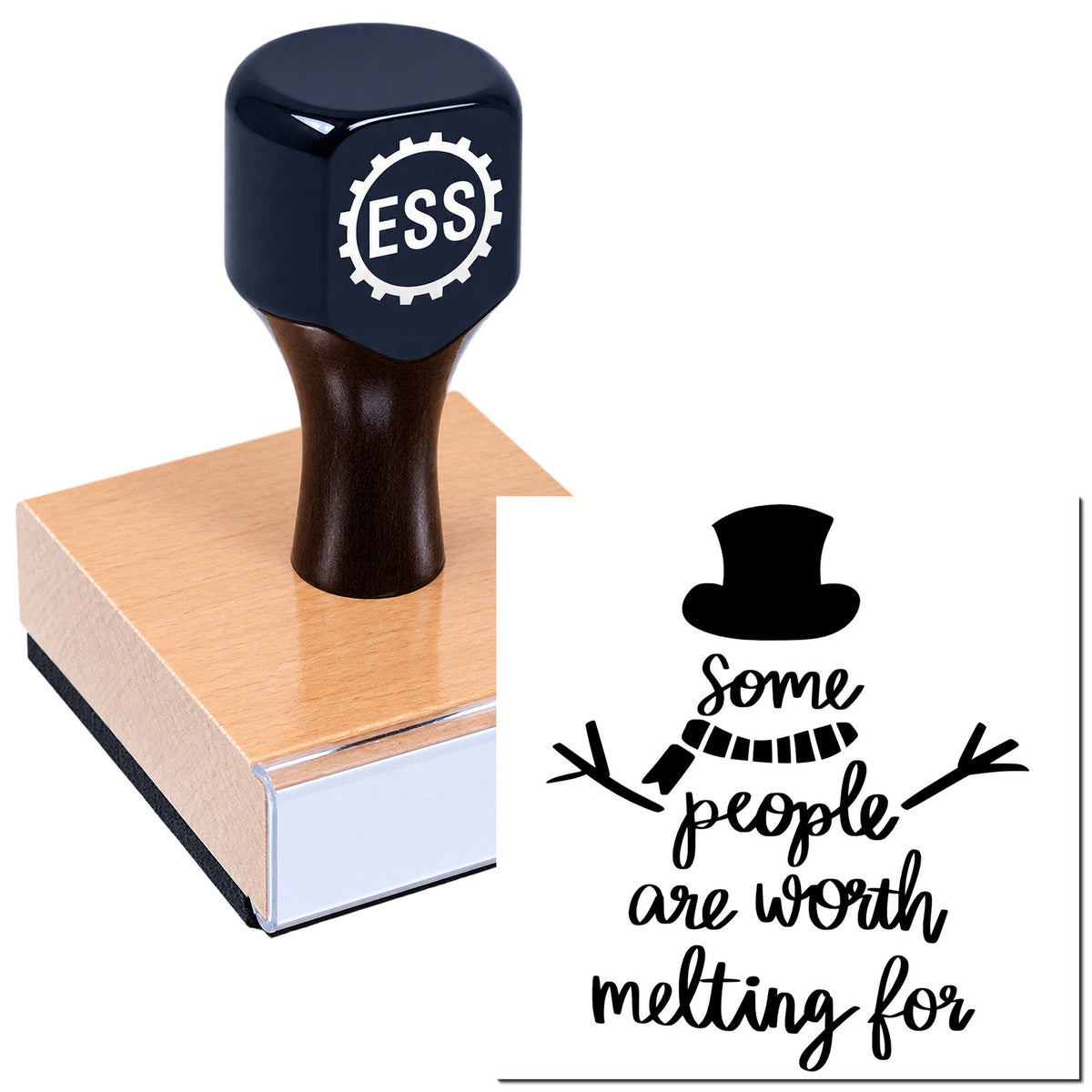 Dark blue rubber stamp on a pink seal pad, with a black "some people are worth melting for" design and top hat icon.