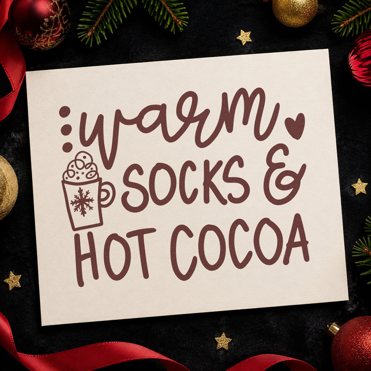Warm Socks And Hot Cocoa rubber stamp printed in brown ink, ready for reading list pages and similar paper crafts.