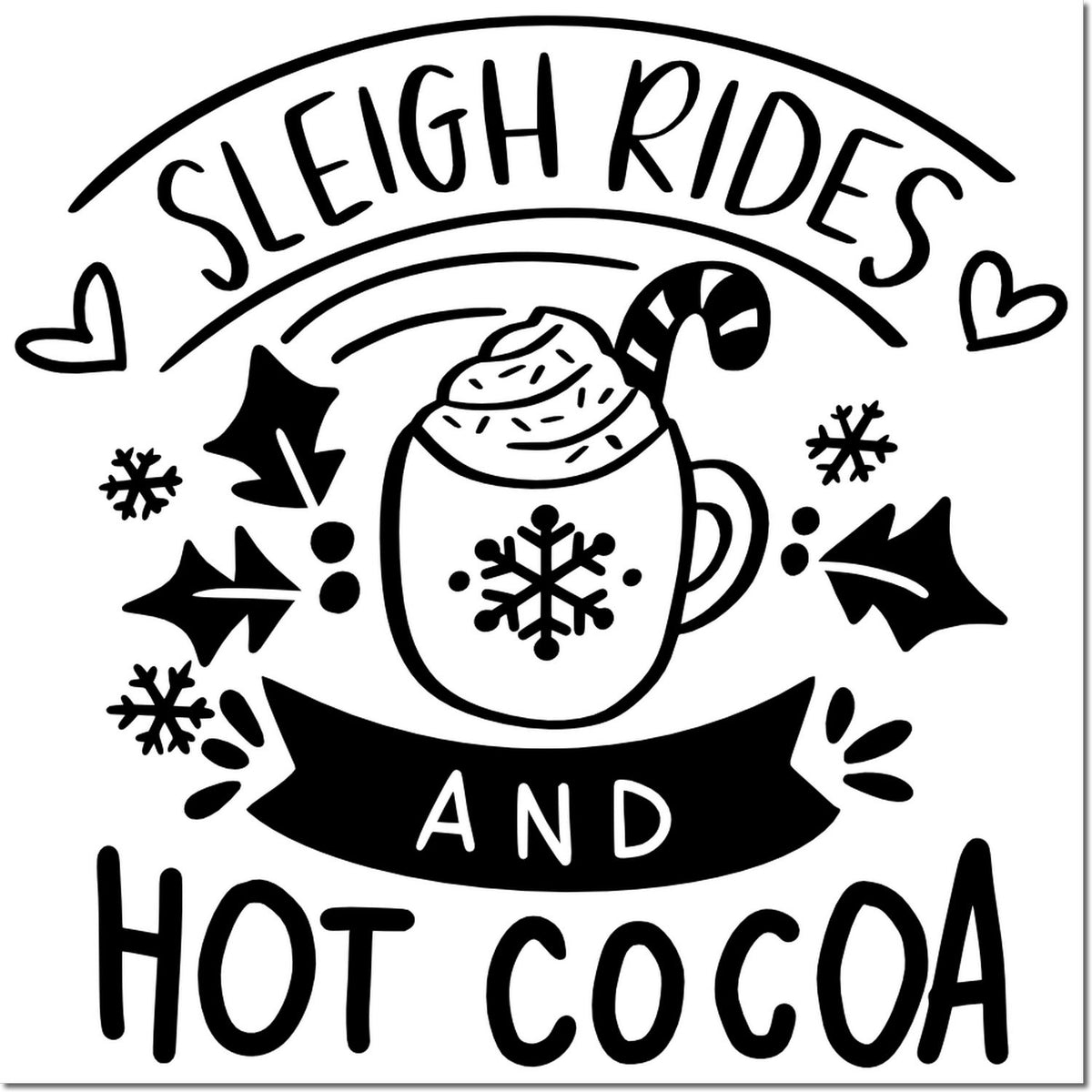 Black-and-white stamp seal design with sleigh rides and hot cocoa text, cocoa mug, candy cane, hearts, and snowflakes.