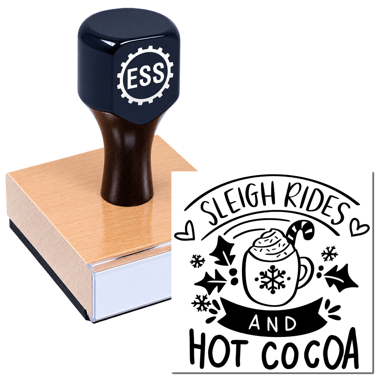 Dark blue self-inking stamp on wooden block with black Sleigh Rides and Hot Cocoa seal design and mug graphic.