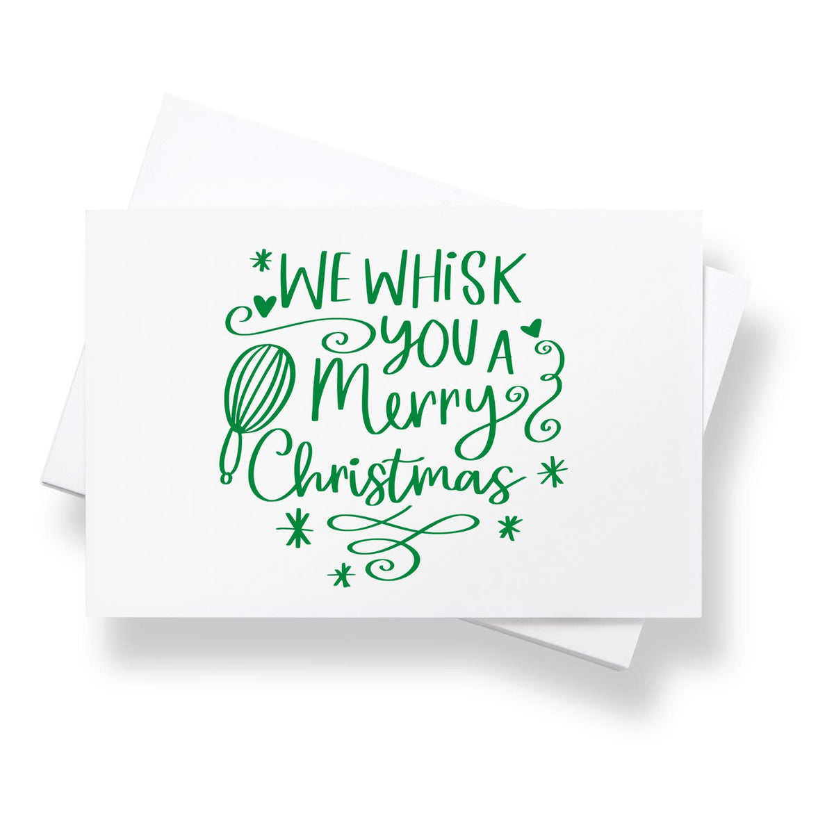 Green holiday stamp seal reading We Whisk You a Merry Christmas with whisk illustration on white cards.