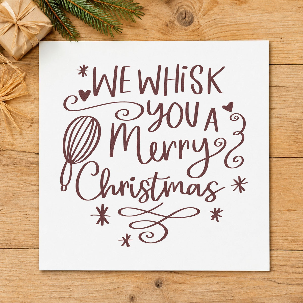 We Whisk Merry Christmas rubber stamp printed in brown ink, ready for kitchen gift basket and similar paper crafts.