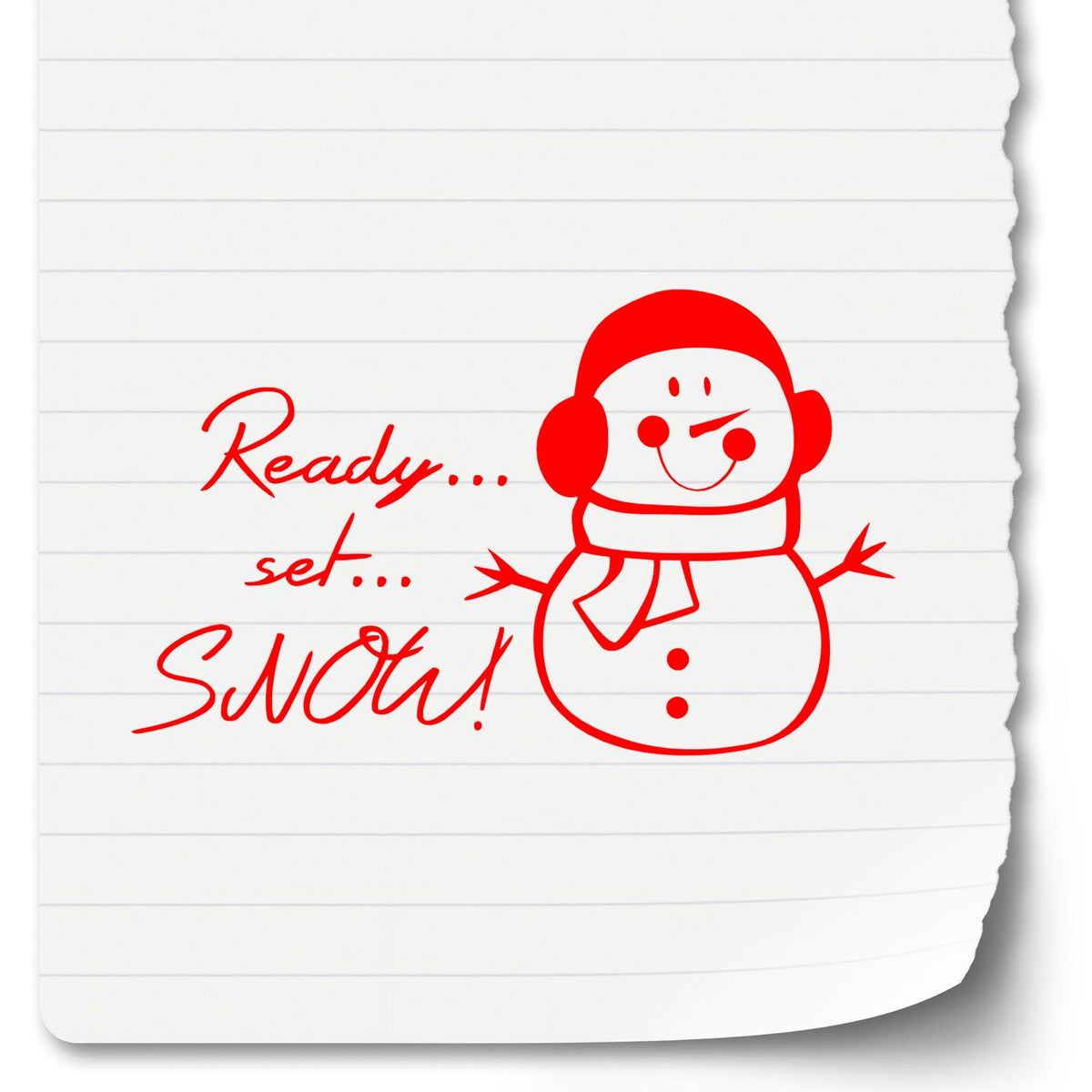Red stamp seal with smiling snowman and "Ready... set... Snow!" on lined white paper.