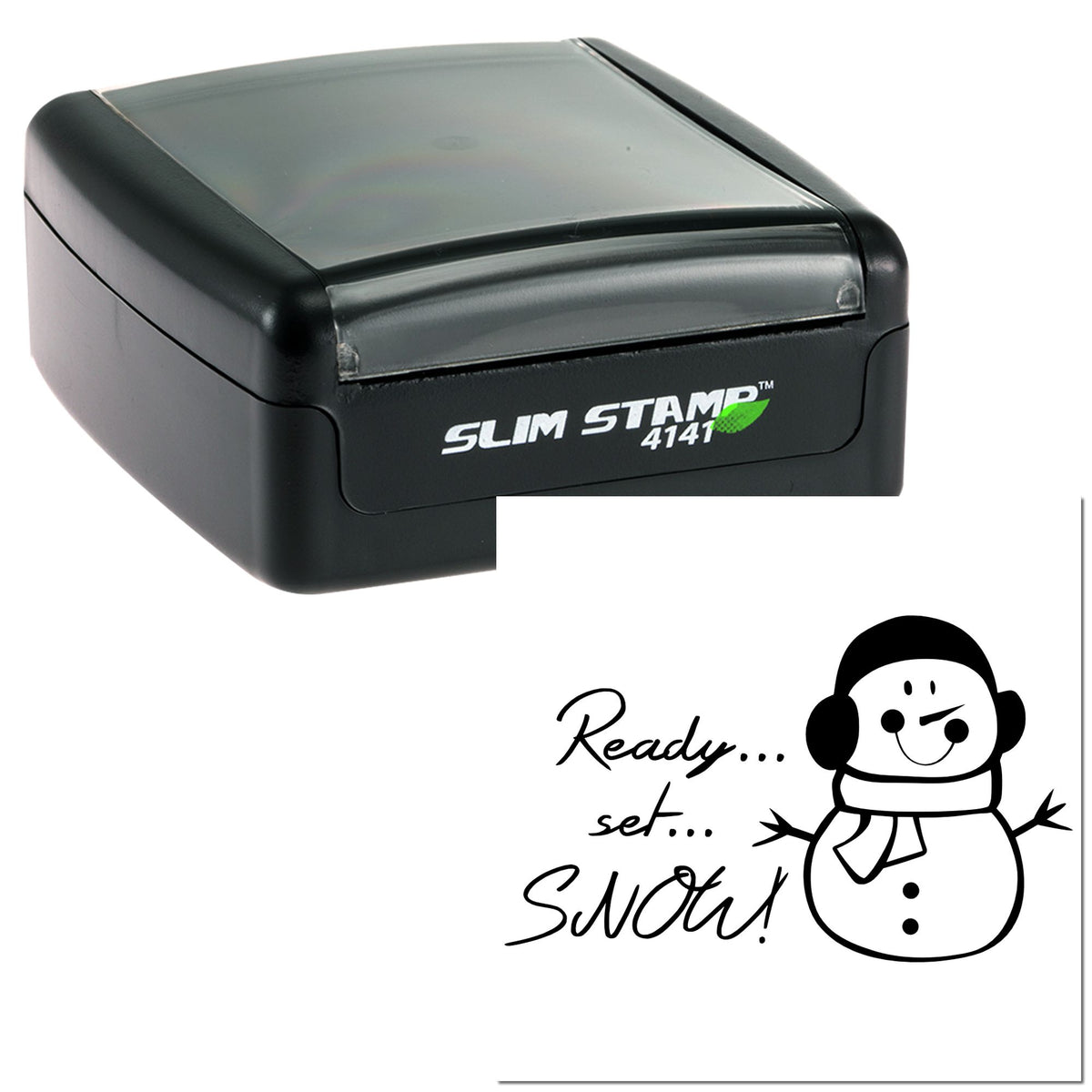 Black self-inking Slim Stamp 4141 with snowman seal impression and Ready, set SNOW! text on white