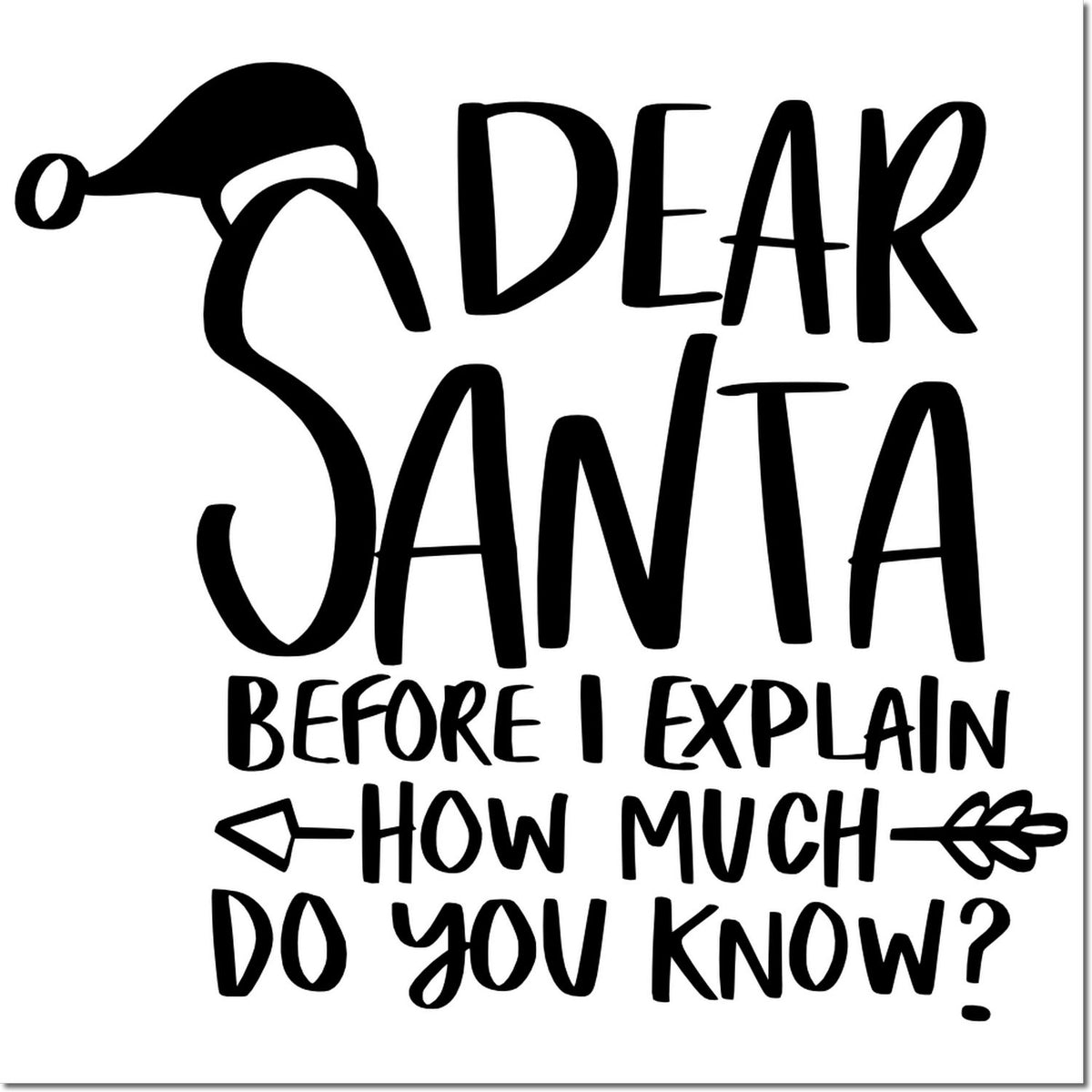 Black holiday stamp and seal design with Santa hat graphic and playful text: Dear Santa, before I explain how much do you know?