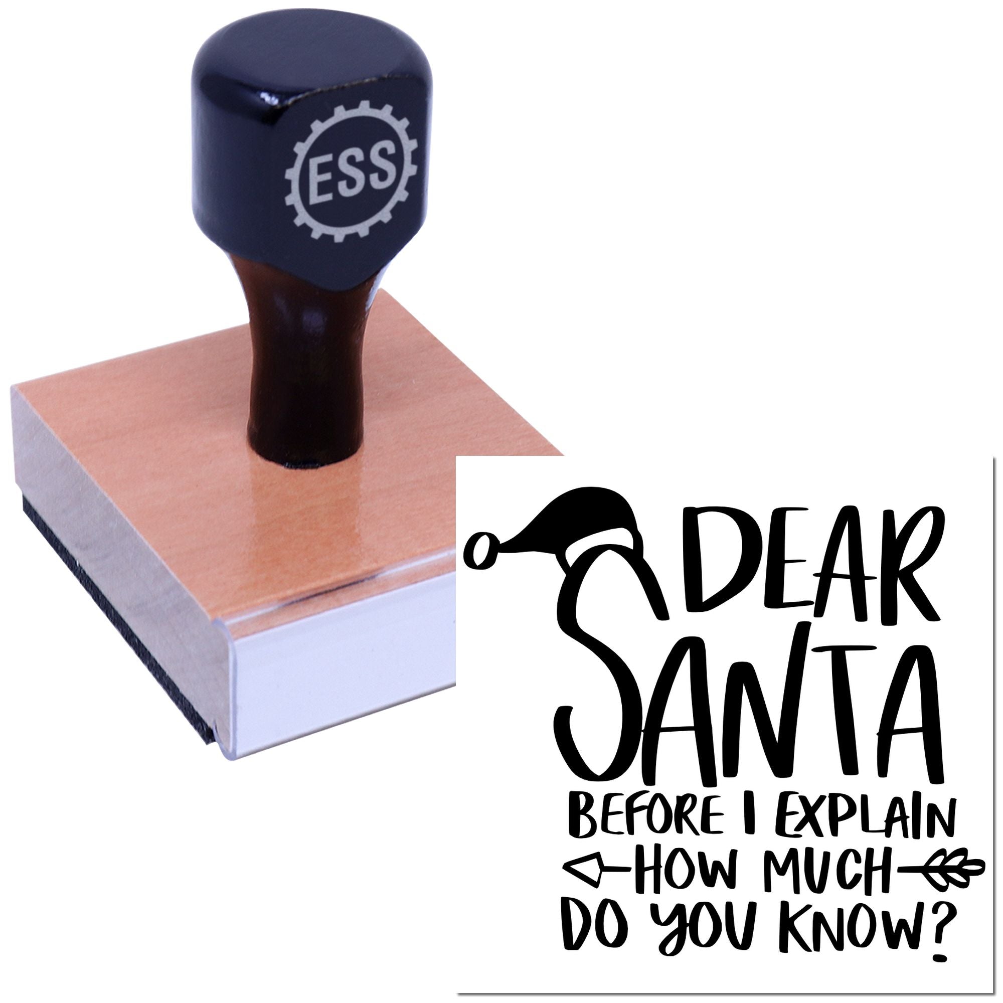 Dark blue ESS stamp and seal product on a wooden block, with a Santa-themed message design.