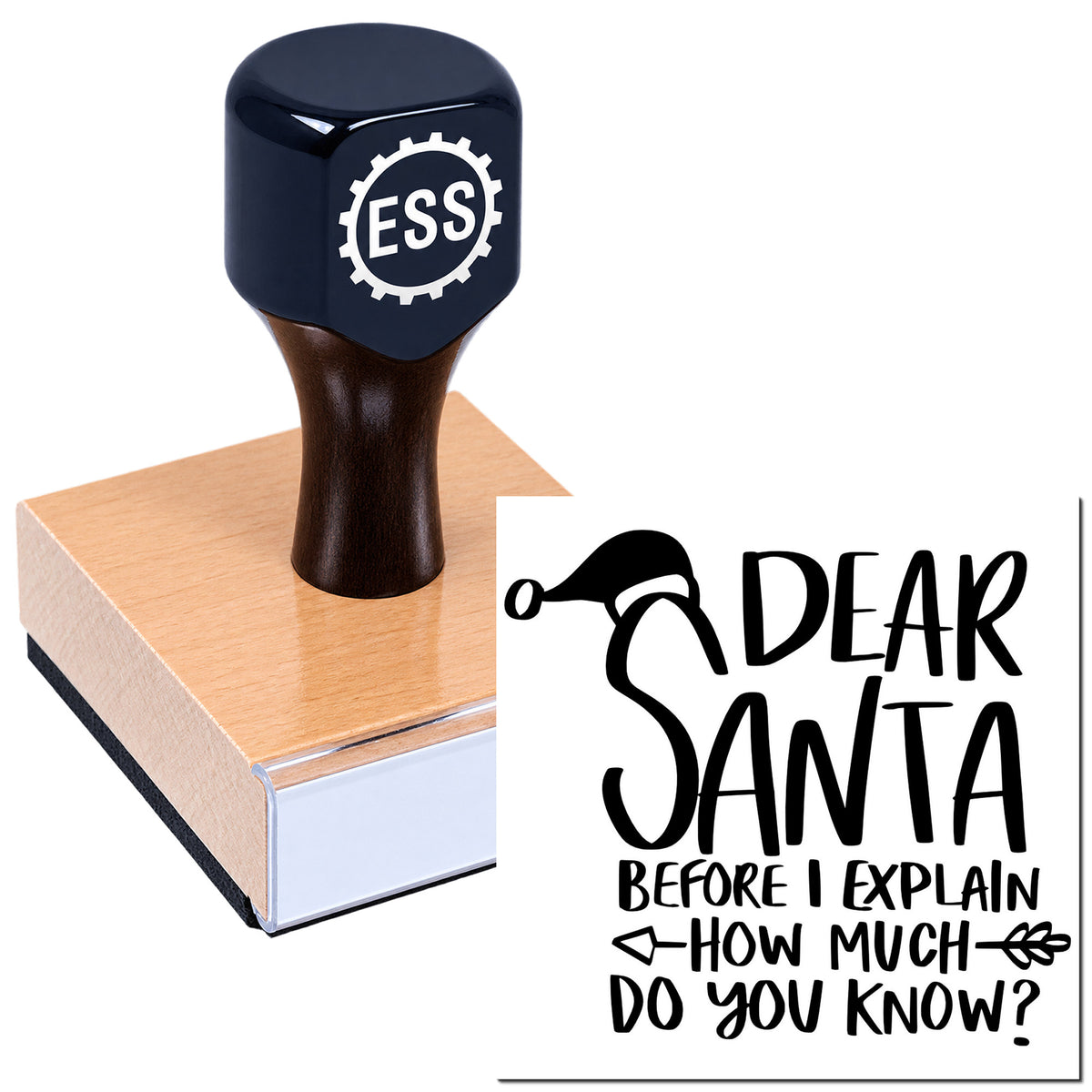 Dark blue ESS stamp and seal product on a wooden block, with a Santa-themed message design.