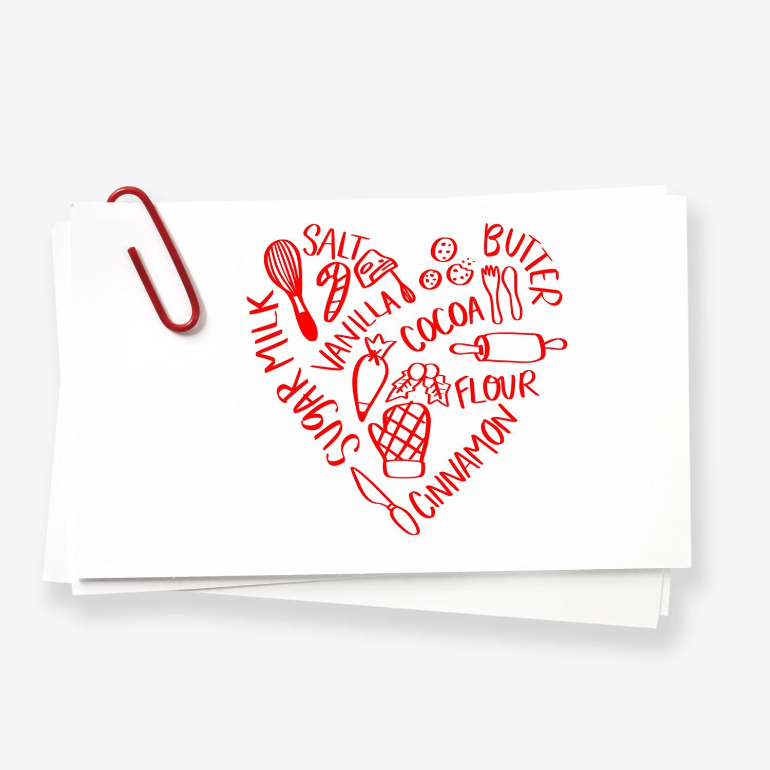 Red baking-themed stamp seal on white cards, forming a heart with kitchen words and utensil icons, held by a red paperclip.
