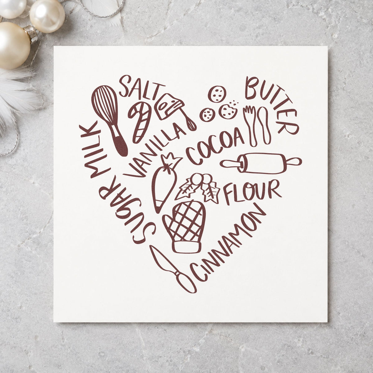 Baking Ingredients Heart rubber stamp printed in brown ink, ready for grocery list notepad and similar paper crafts.