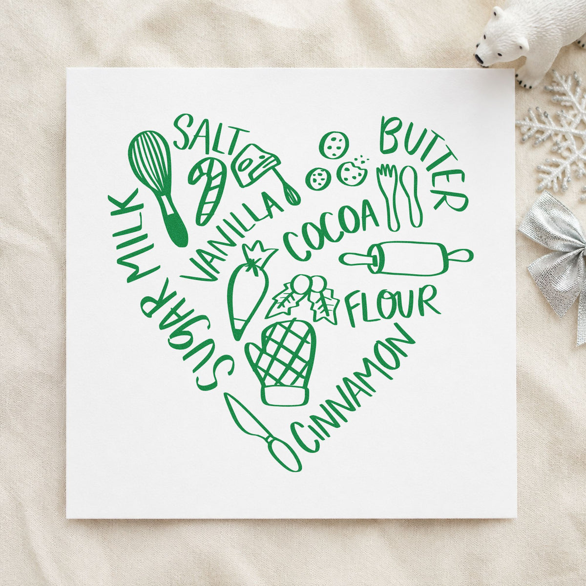Baking Ingredients Heart craft stamp imprint in green ink on a handmade project, one idea being pantry shower favors.