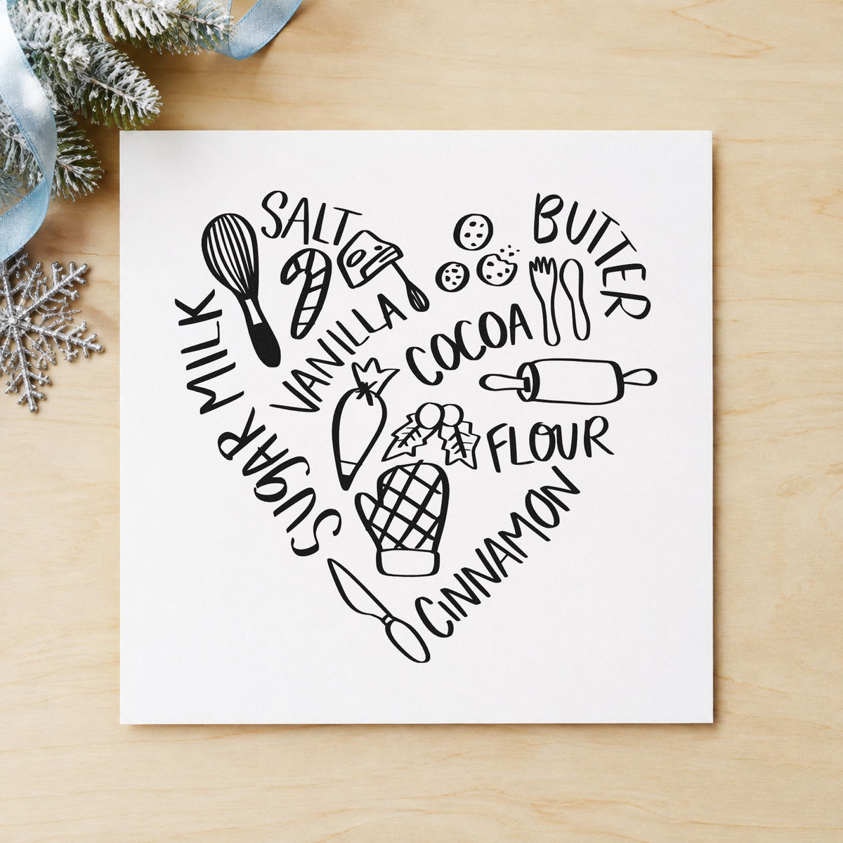 Baking Ingredients Heart rubber stamp printed in black ink, ready for ingredient heart cards and similar paper crafts.
