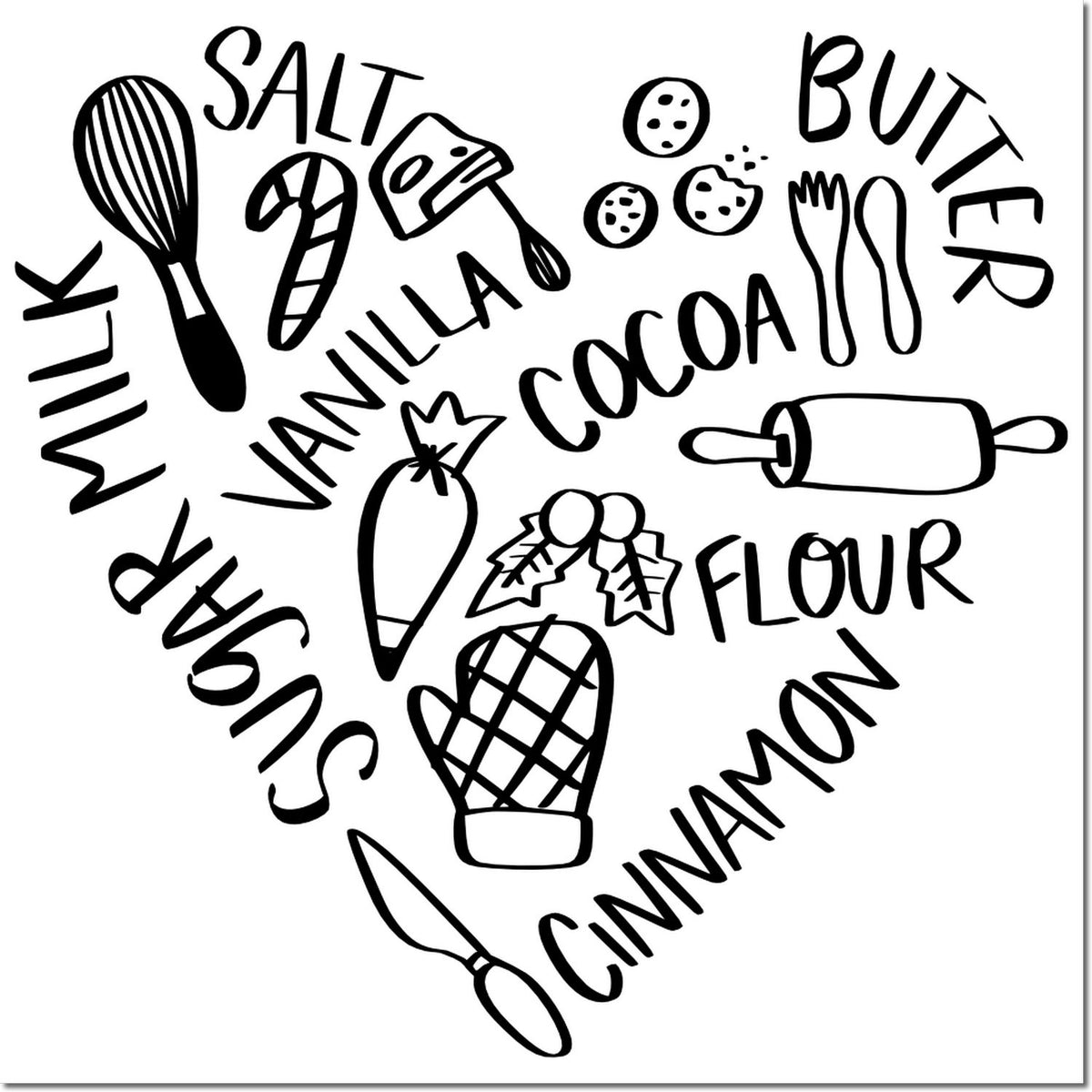 Black baking stamp seal with salt, butter, vanilla, cocoa, flour, cinnamon and sugar labels, plus whisk, rolling pin and mitts.