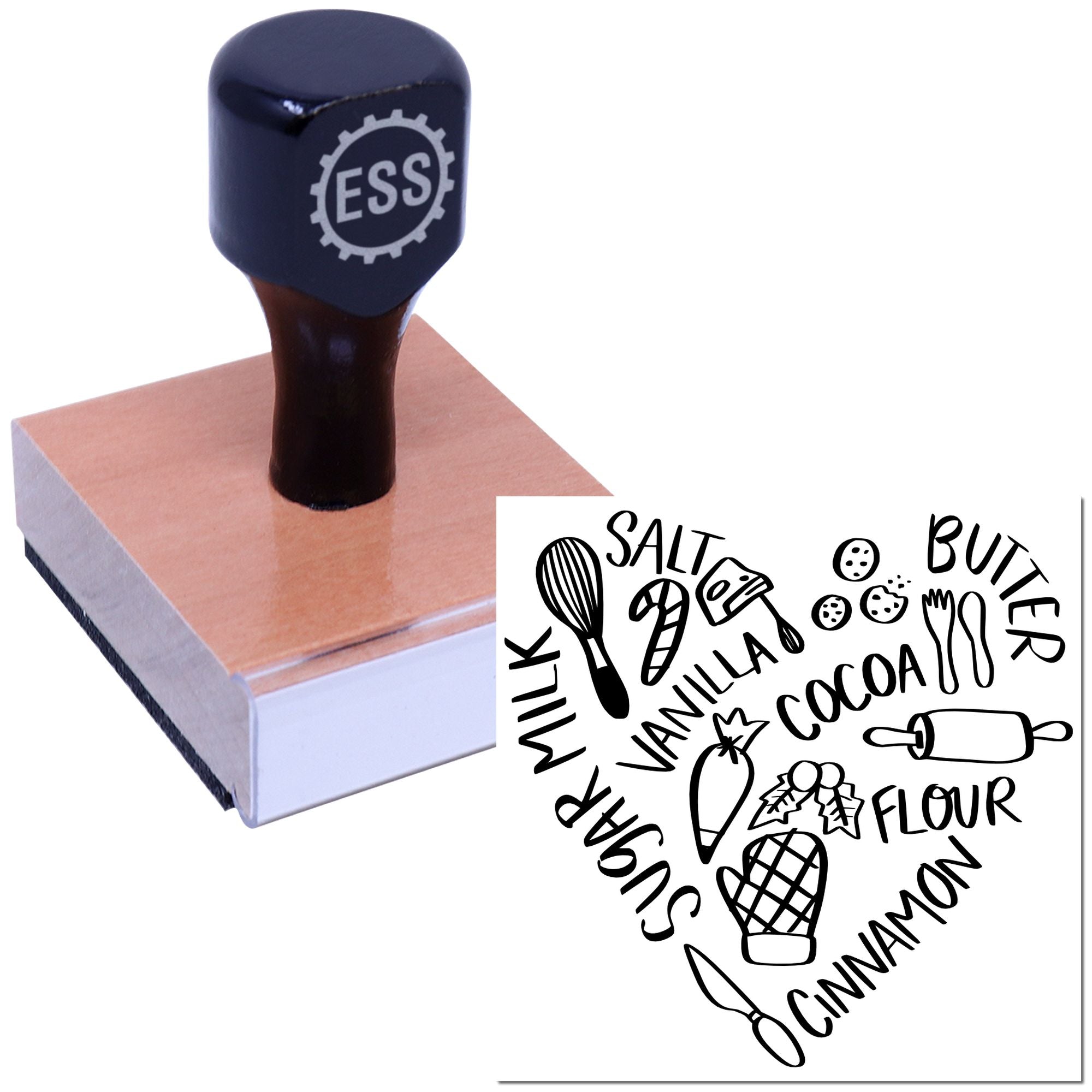 Custom ESS rubber stamp and seal on wooden block, with black food-themed word cloud and kitchen icons.