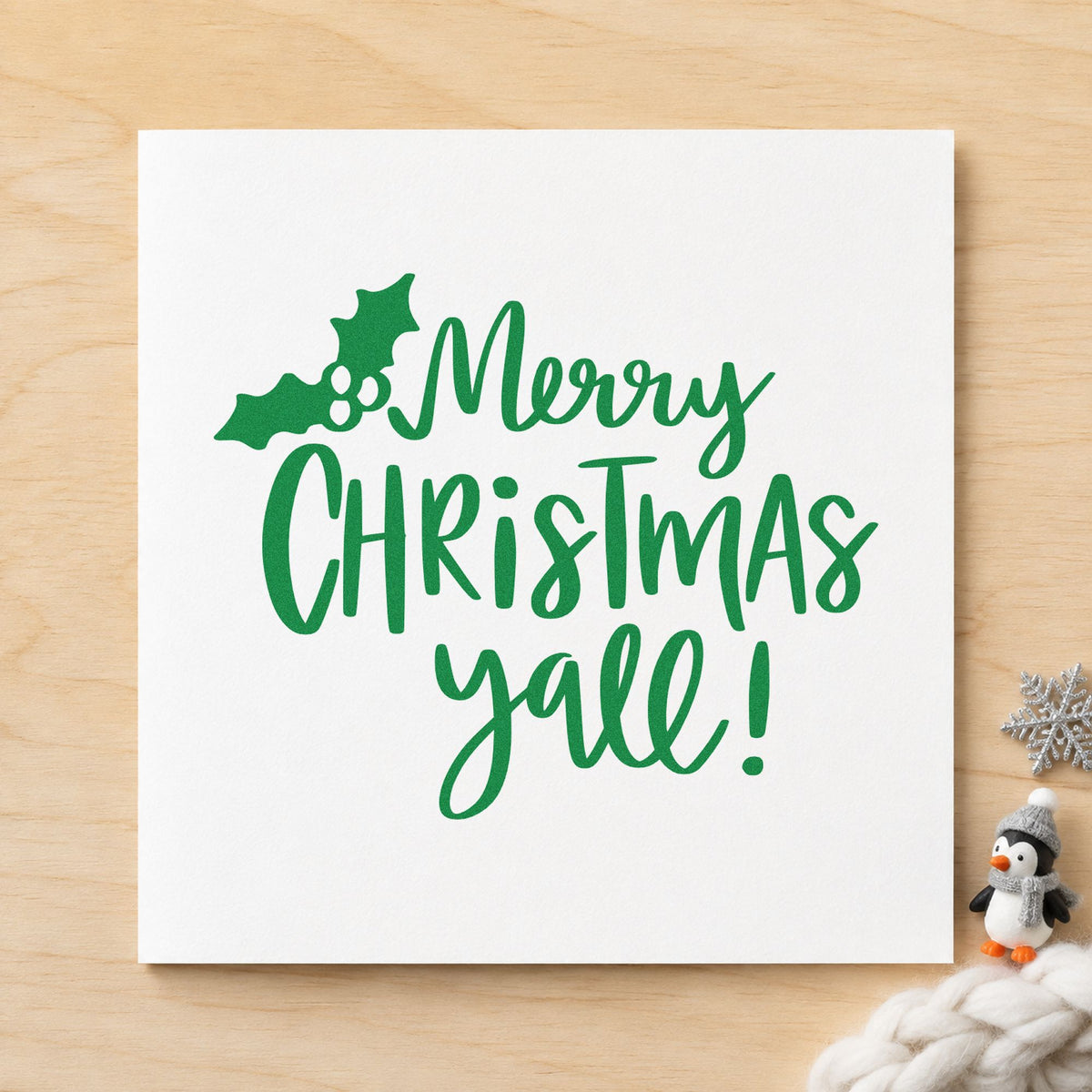 Merry Christmas Yall Holly craft stamp imprint in green ink on a handmade project, one idea being church supper programs.