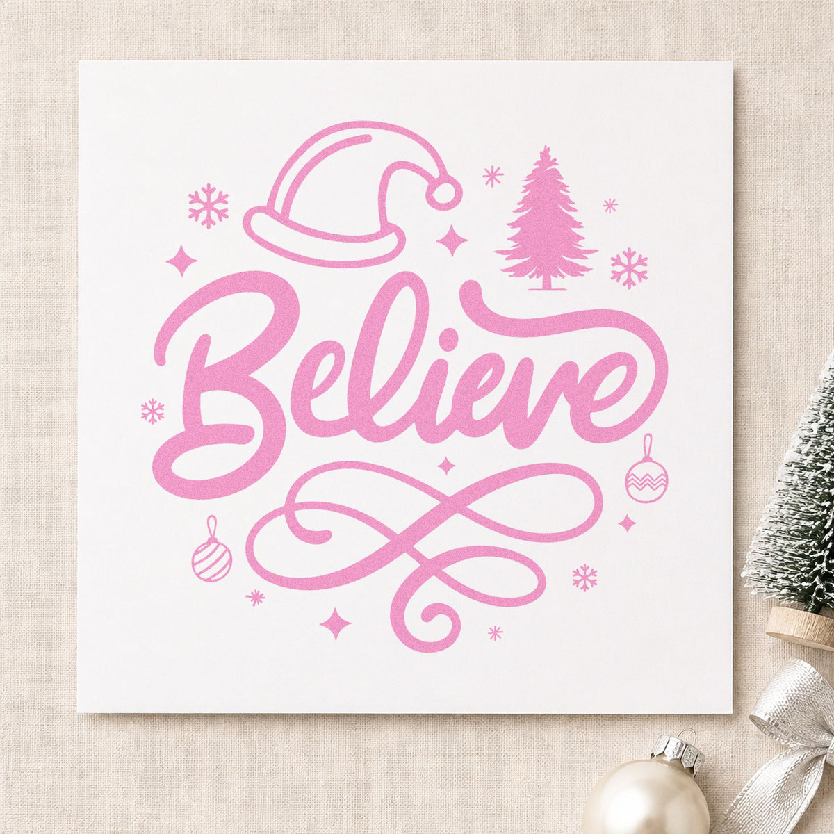 Believe Christmas Hat Tree craft stamp in purple ink on cardstock, an easy option for first christmas album.