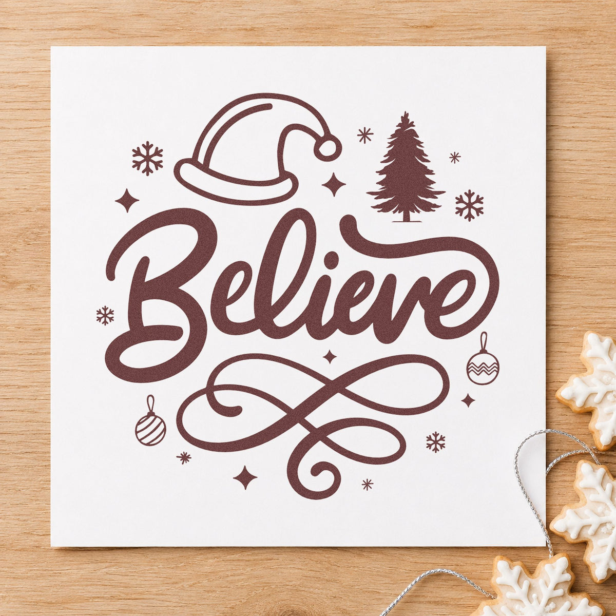 Believe Christmas Hat Tree rubber stamp printed in brown ink, ready for letter to santa sheet and similar paper crafts.