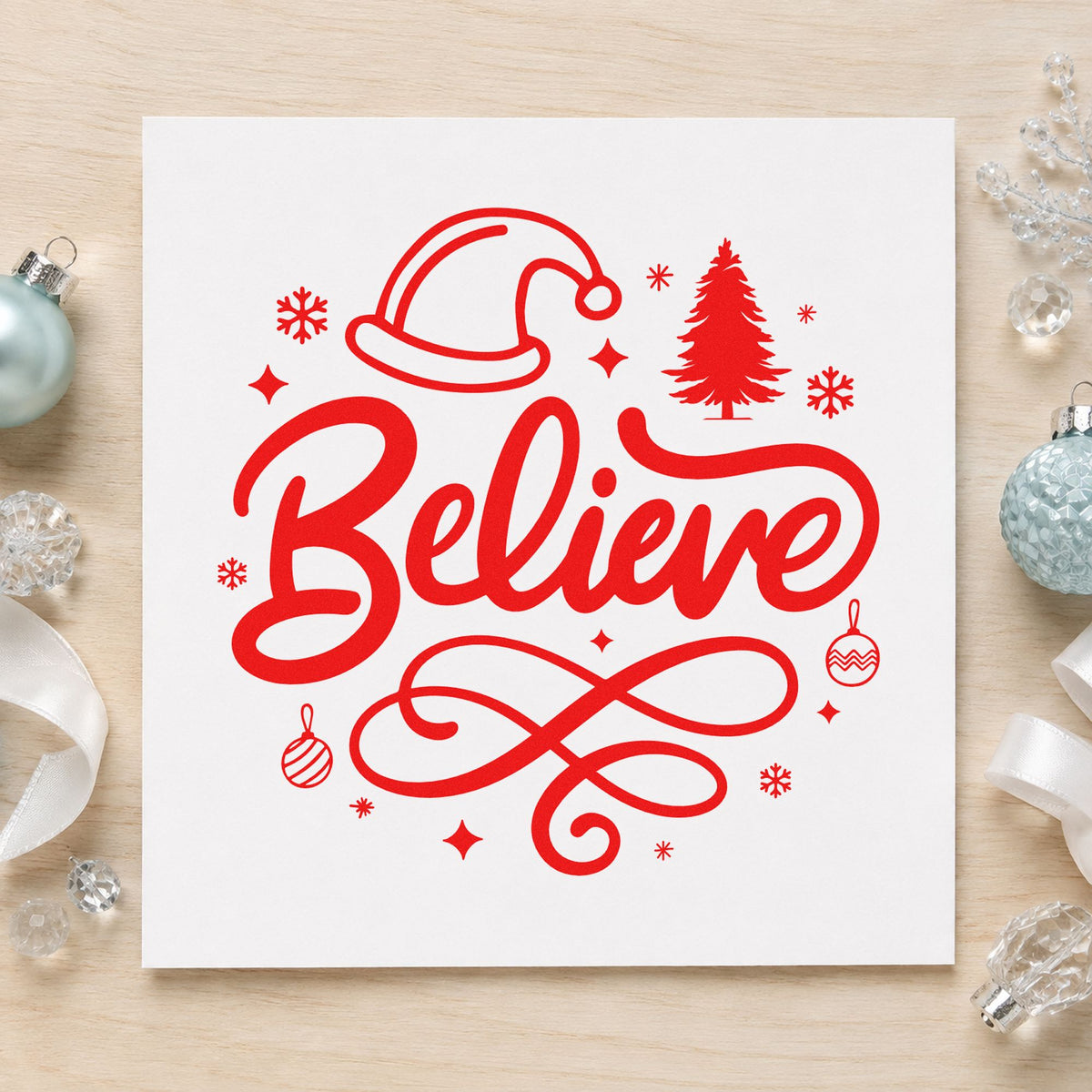Believe Christmas Hat Tree craft stamp in red ink on cardstock, an easy option for stocking cuff ink.