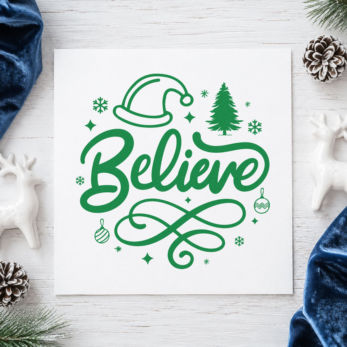 Believe Christmas Hat Tree craft stamp imprinted in green ink on paper, a design suited to framed nursery wall.