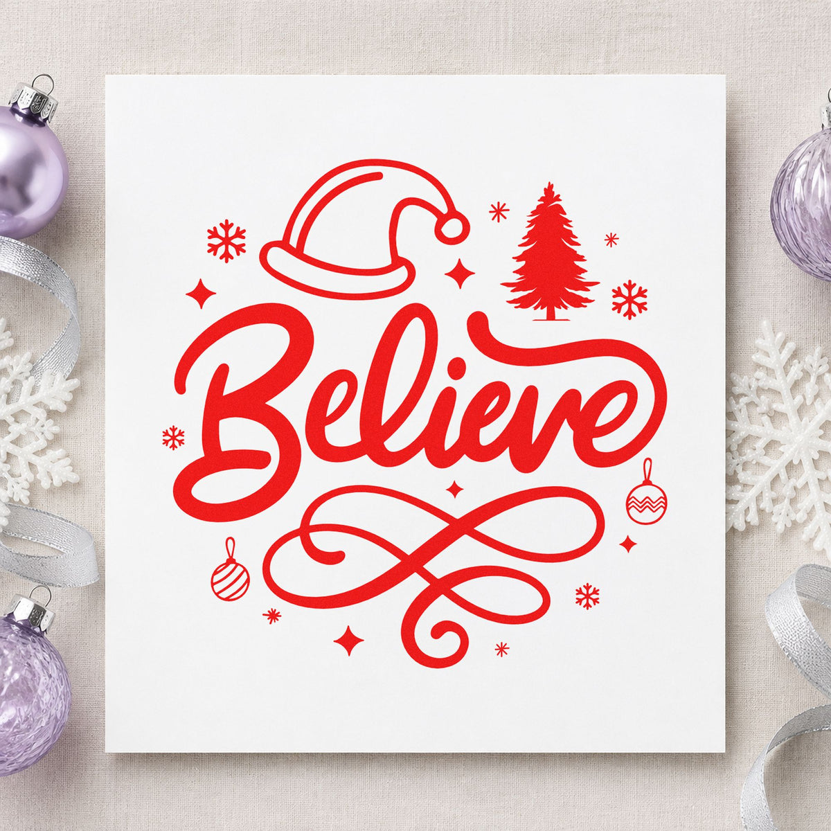 Believe Christmas Hat Tree rubber stamp shown in red ink, stamped for projects such as magic key envelope seals.