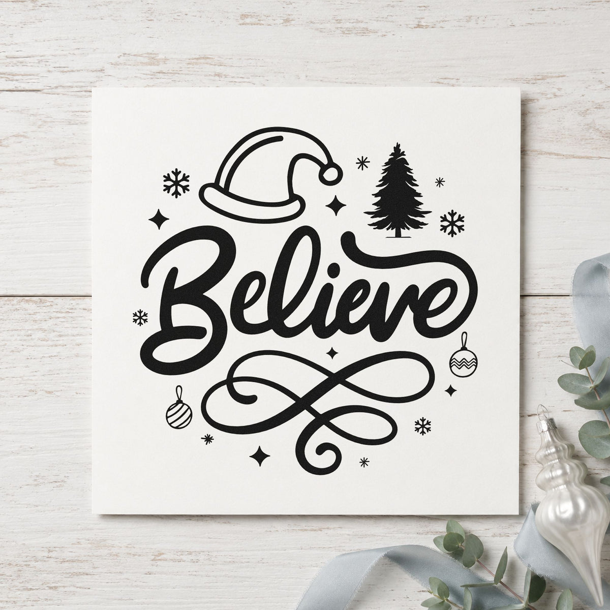 Believe Christmas Hat Tree rubber stamp printed in black ink, ready for believe script cards and similar paper crafts.