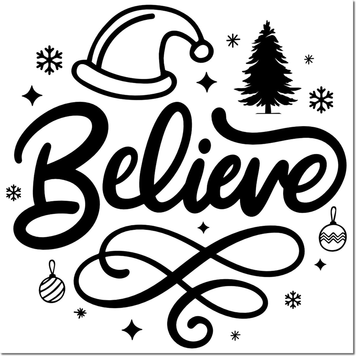 Black-and-white holiday stamp/seal with Believe script, Santa hat, pine tree, snowflakes, ornaments, and swirls.