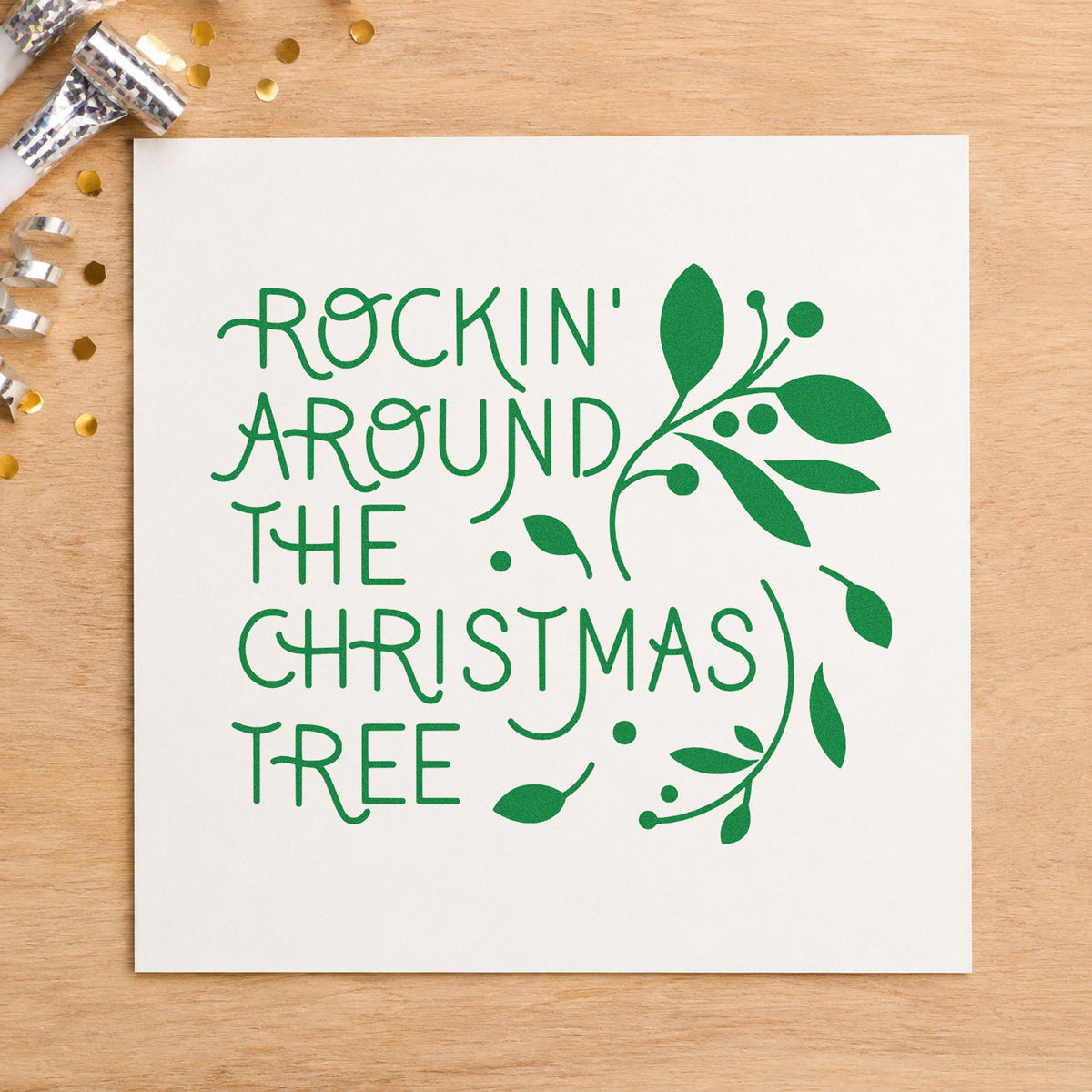 Rockin Around Christmas Tree craft stamp imprinted in green ink on paper, a design suited to framed rec room wall.