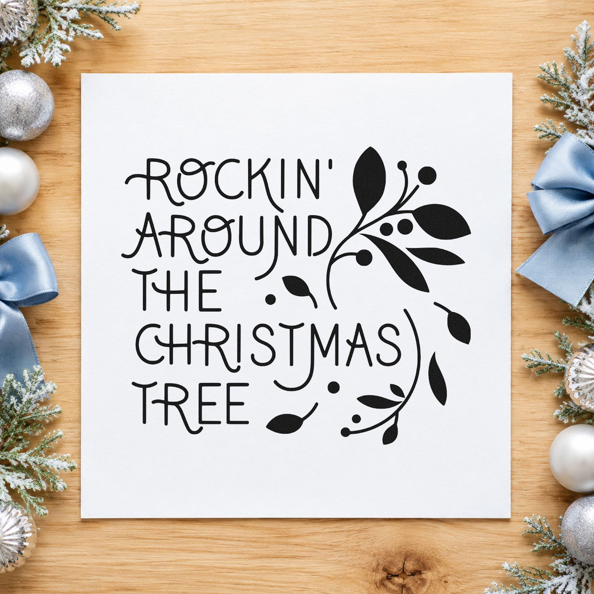 Rockin Around Christmas Tree rubber stamp printed in black ink, ready for rockin tree cards and similar paper crafts.