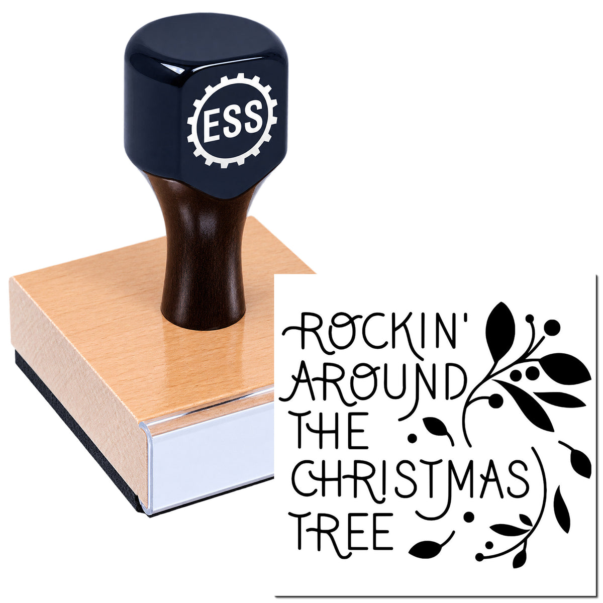 Black ESS rubber stamp on a wooden block with "Rockin' Around the Christmas Tree" floral design in black and white.