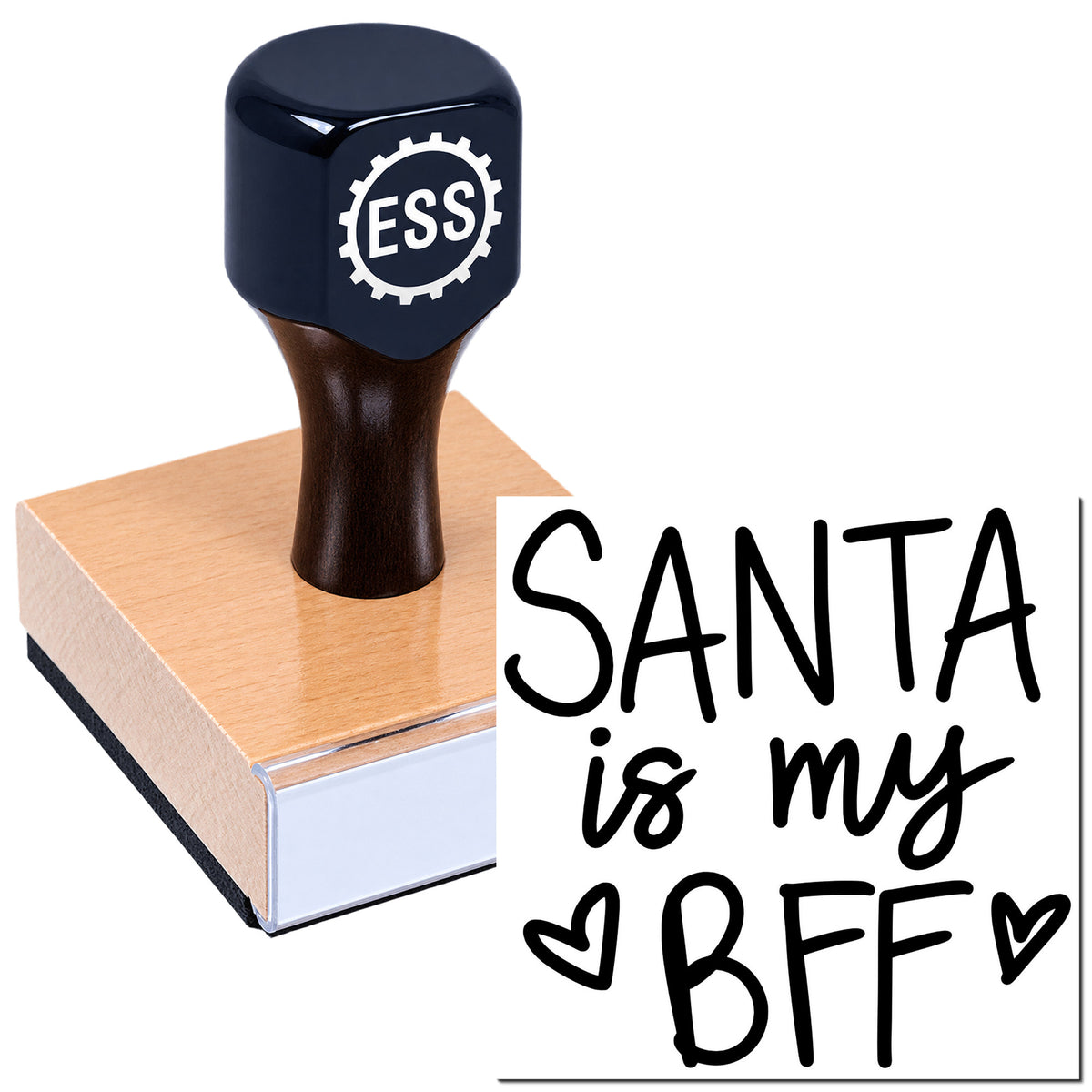 Black ESS stamp on a pink square seal with "SANTA is my BFF" in bold black script on white background.