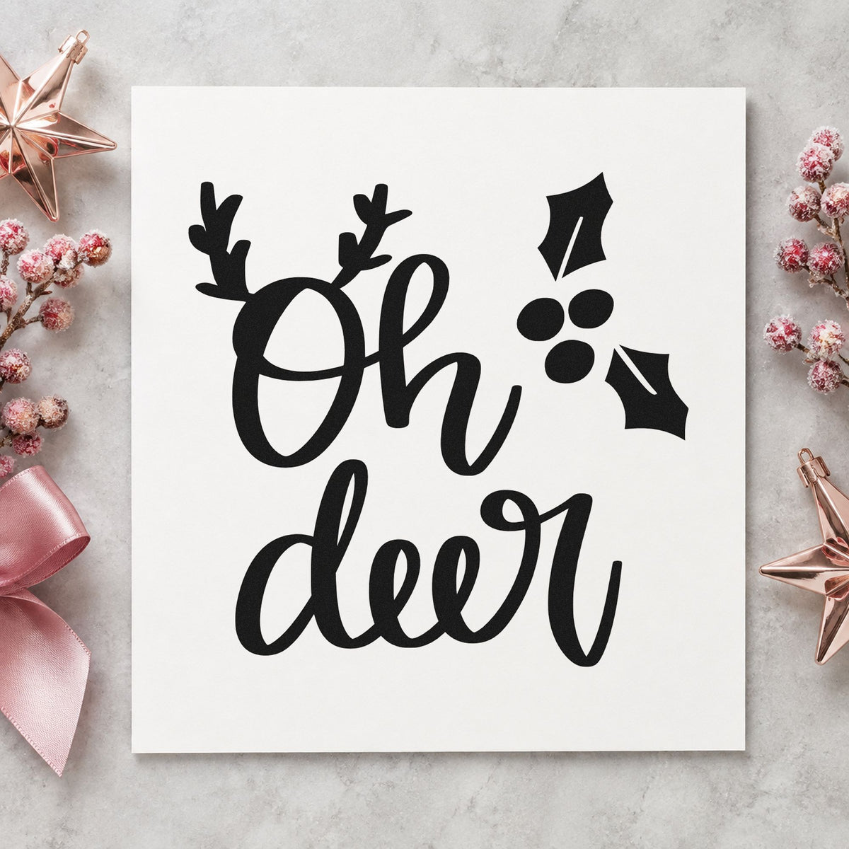 Oh Deer Antlers Holly rubber stamp printed in black ink, ready for oh deer pun cards and similar paper crafts.