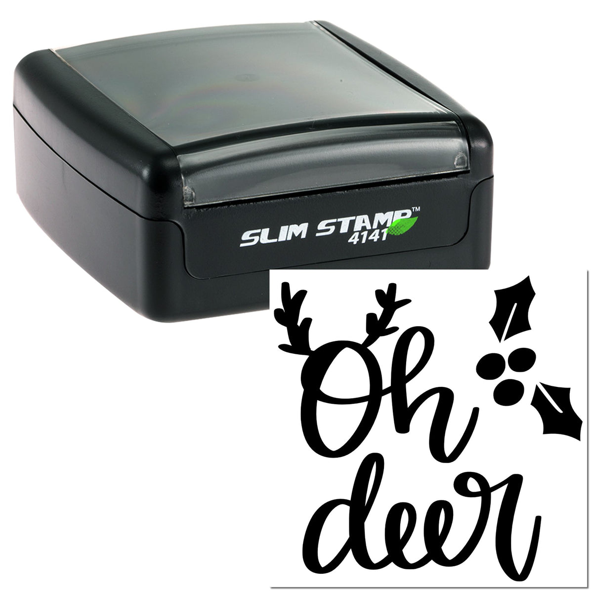 Black Slim Stamp self-inking seal with gray top, showing an Oh deer black deer-antler design and paw prints.