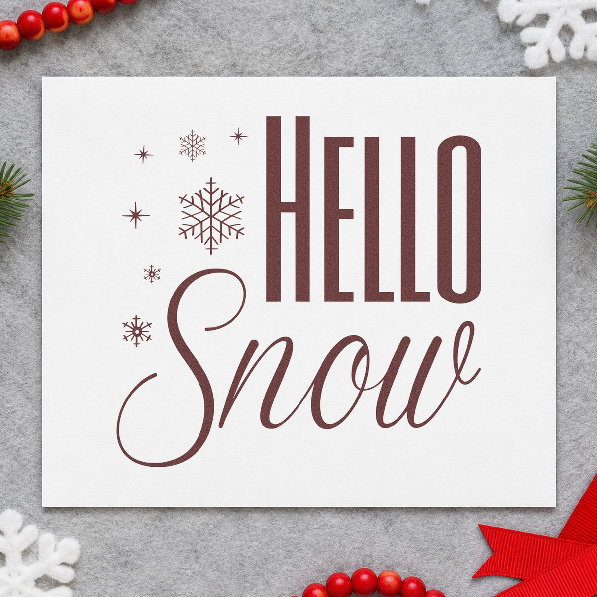 Hello Snow Snowflakes rubber stamp printed in brown ink, ready for bullet journal spread and similar paper crafts.